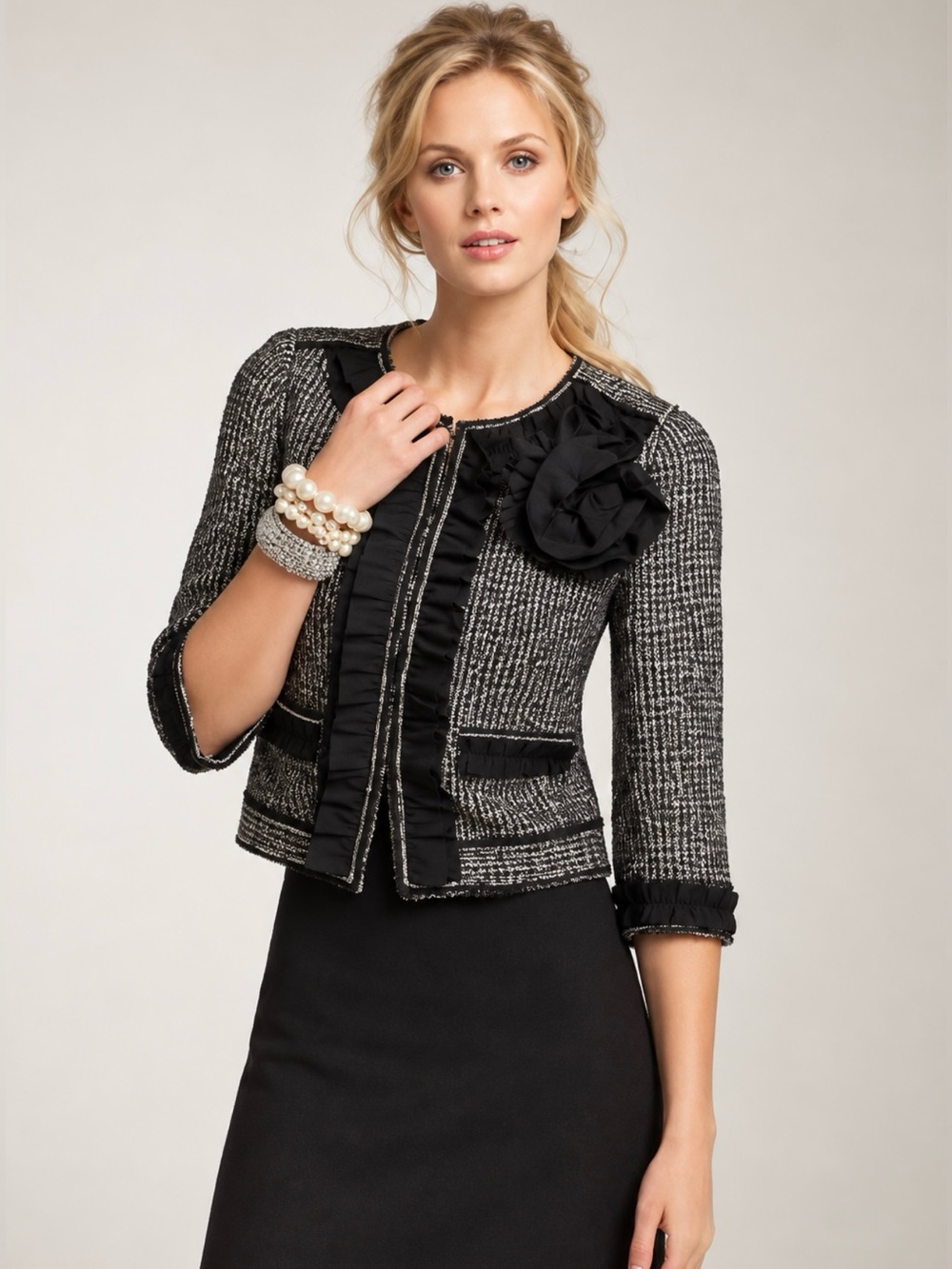 Virgin Wool Cotton Houndstooth Tweed Jacket Ruffle Rosette Blazer Ann Taylor 4